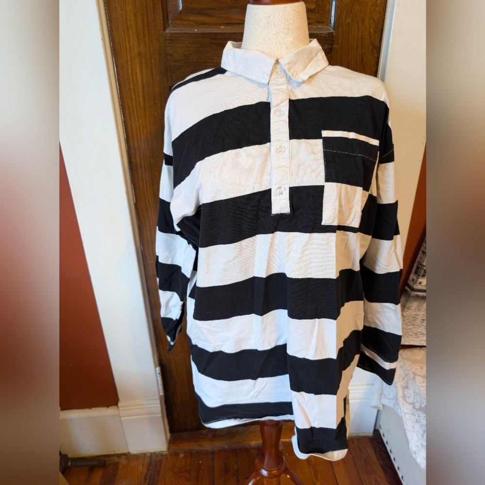 Women's Black and White Striped oversized Rugby Shirt